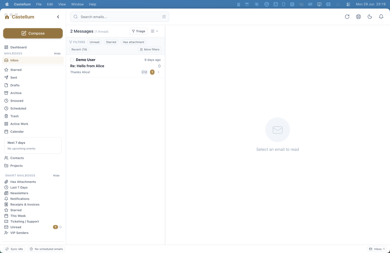 Castellum inbox — sidebar with Inbox, Active Work, Projects and Smart Mailboxes, a message list, and a reading pane